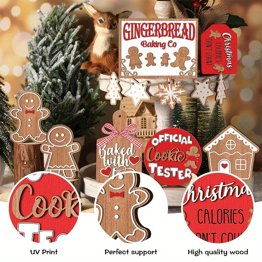 12-Piece Wooden Christmas Tiered Tray Set: Featuring Colorful Snowmen, Gingerbread, and Santa Signs for Festive Cheer