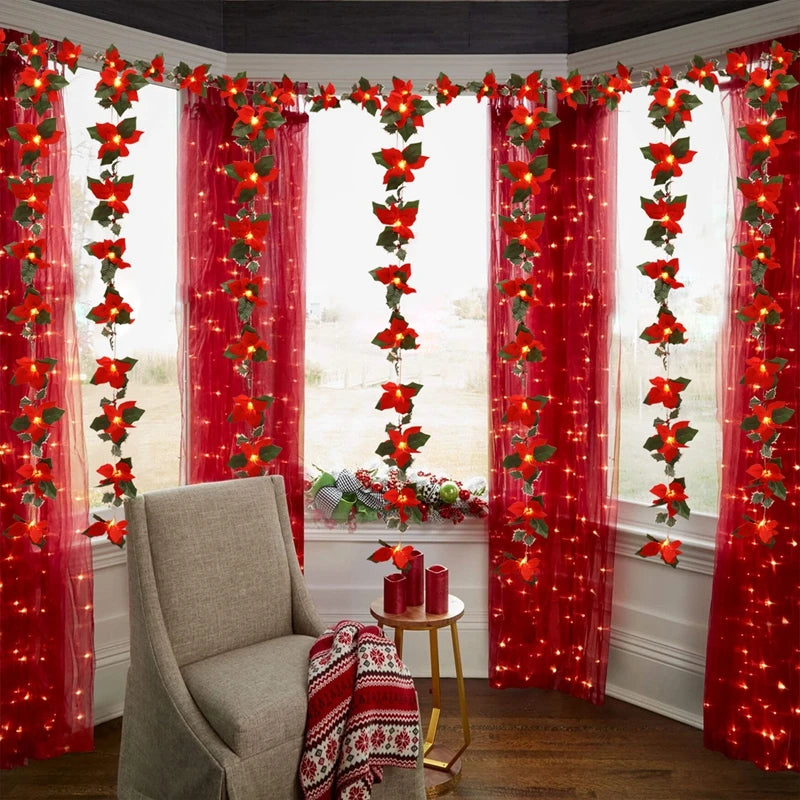 2M10LED Christmas Garland Lighting Strings Artificial Red Flowers Holly Leaves  for Home 2024 Xmas Ornament New Year Gifts 2025