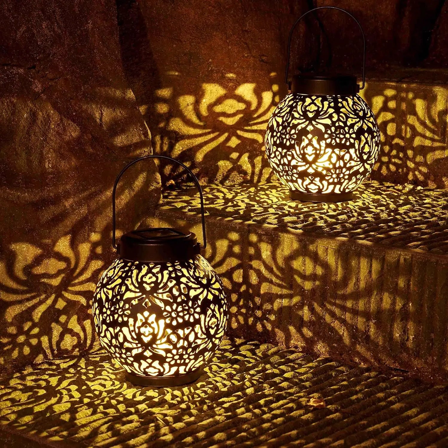 Retro solar LED hollow waterproof wrought iron chandelier is suitable for outdoor garden terrace landscape light decoration