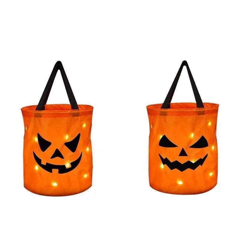 LED Light Halloween Trick Or Treat Bucket Pumpkin Candy Bags Collapsible Halloween Basket For Thanksgiving Party Gift Basket