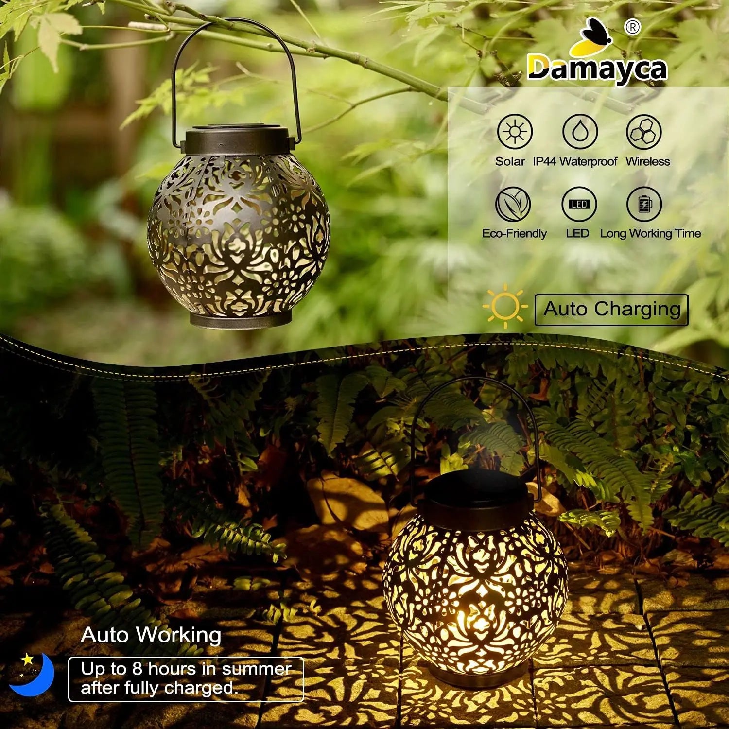 Retro solar LED hollow waterproof wrought iron chandelier is suitable for outdoor garden terrace landscape light decoration