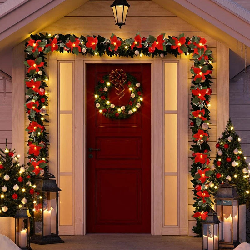 2M10LED Christmas Garland Lighting Strings Artificial Red Flowers Holly Leaves  for Home 2024 Xmas Ornament New Year Gifts 2025