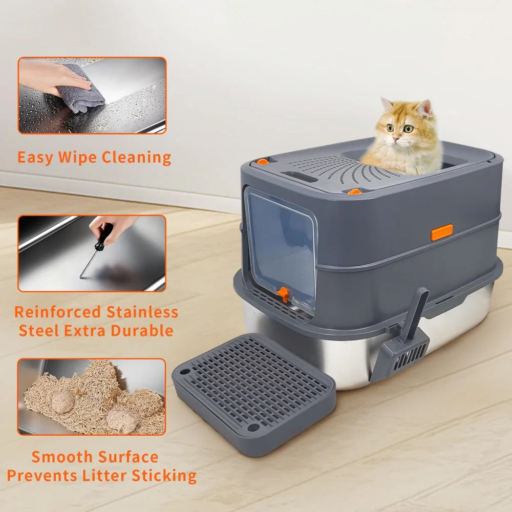 Extra Large Stainless Steel Cat Litter Box Full Enclosed Cat Litter Tray Pan High Sided Enclosure Removable Lid with Scoop
