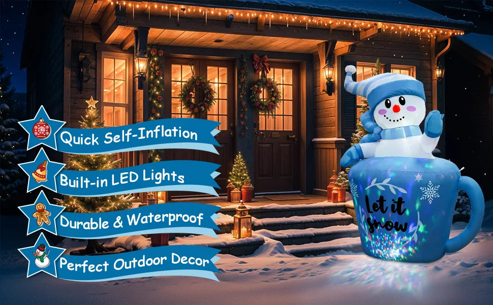 OurWarm 5FT Christmas Inflatable Snowman in Mug,Adorable Blue Snowman Blow Up Awaiting the Snow,for Yard Lawn Winter Inflatables