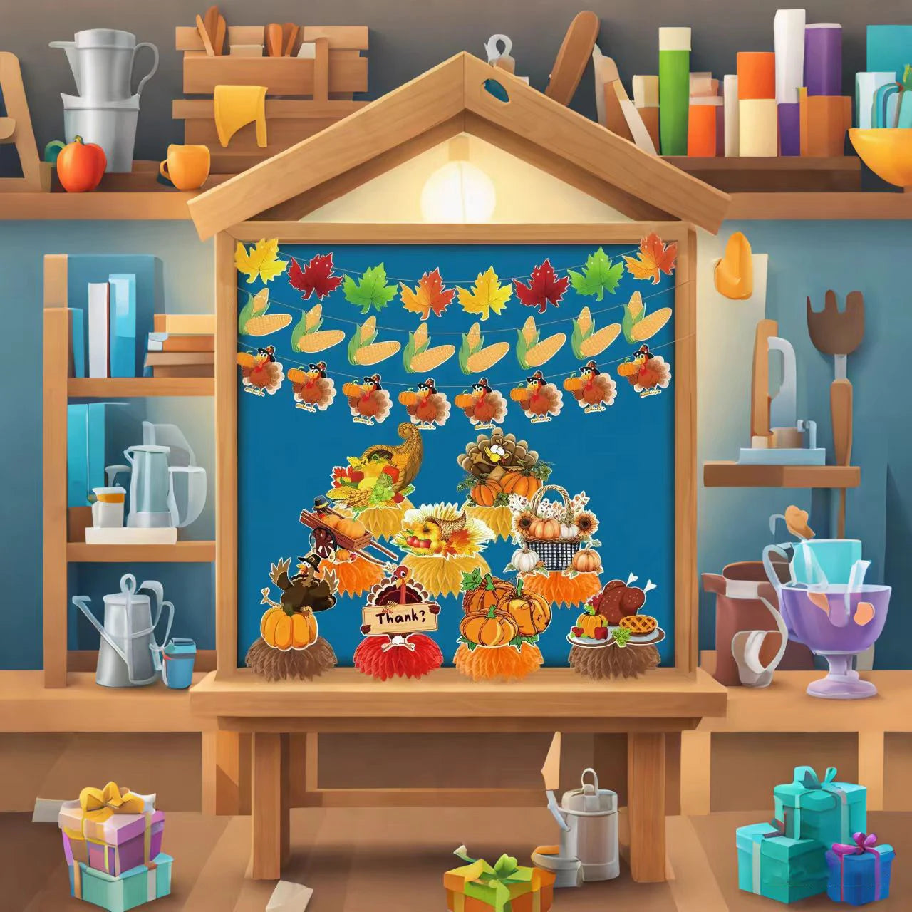 Paper Autumn Theme Flag String Thanksgiving Maple Leaf Pumpkin Banner Letters To Pull Flag Birthday Party Setup Happy Birthday