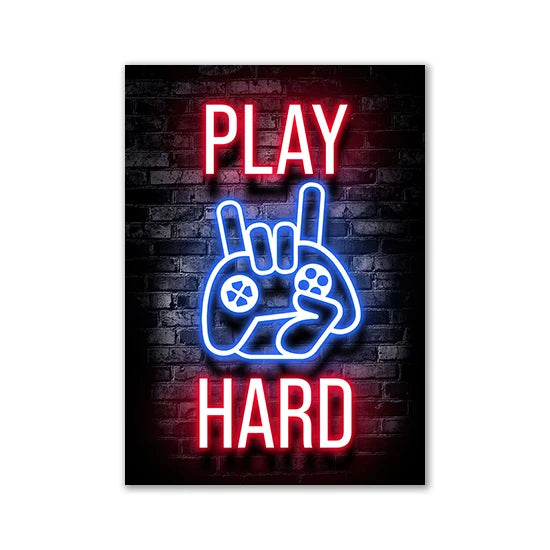 Motivational Neon Effect Game Slogan Pictures Flat Printed on Canvas Wall Posters and Paintings for Game Room Decor Gamers’ Gift
