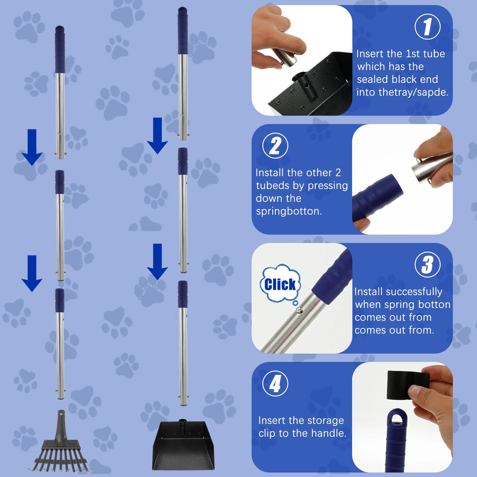 2/3Pcs Pet Pooper Scooper Set with Long Handle Multifunctional Metal Tray Rake Spade Dog Poop Picker For Pet Waste Removal