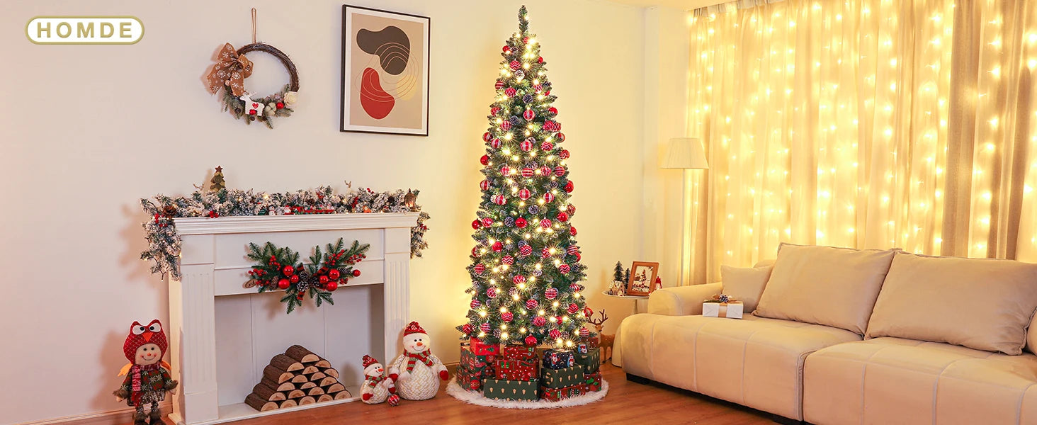 Homde Pencil Christmas Tree 5 Foot Pre-Lit Artificial Christmas Tree Flocked Snow Pine Cone 140 Warm White Light Holiday Decor