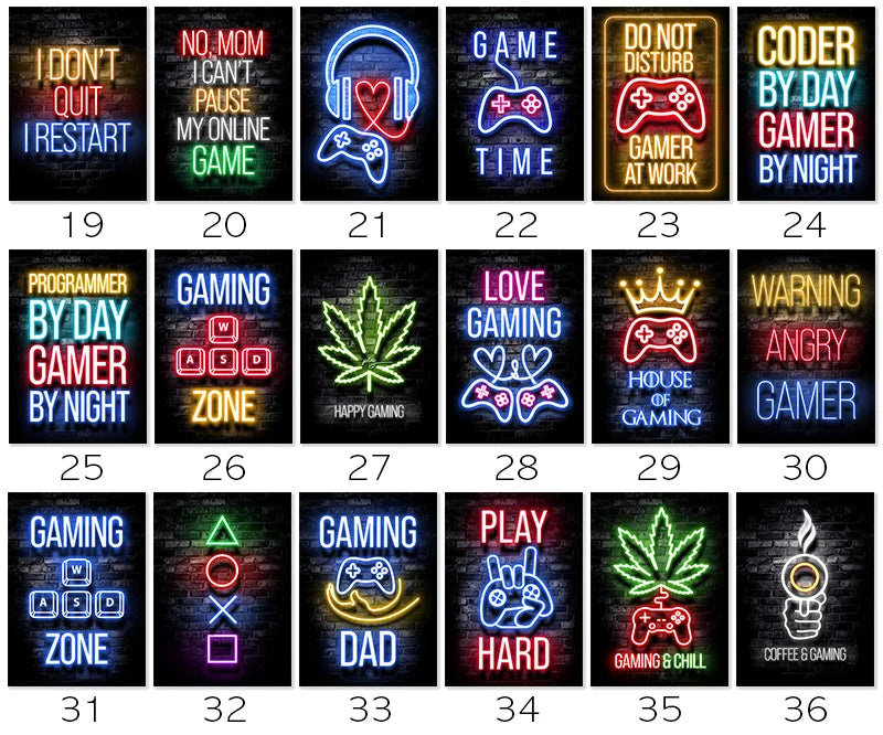 Motivational Neon Effect Game Slogan Pictures Flat Printed on Canvas Wall Posters and Paintings for Game Room Decor Gamers’ Gift