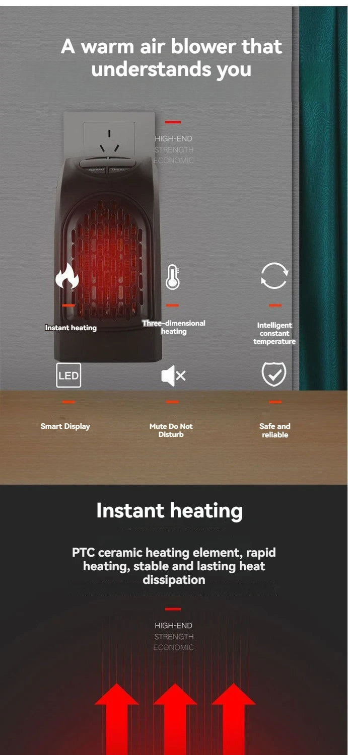 Portable Electric Heater, Plug-In Wall Heater for Rooms, Mini Radiator Fan Warmer, Compact Home Heating Appliance