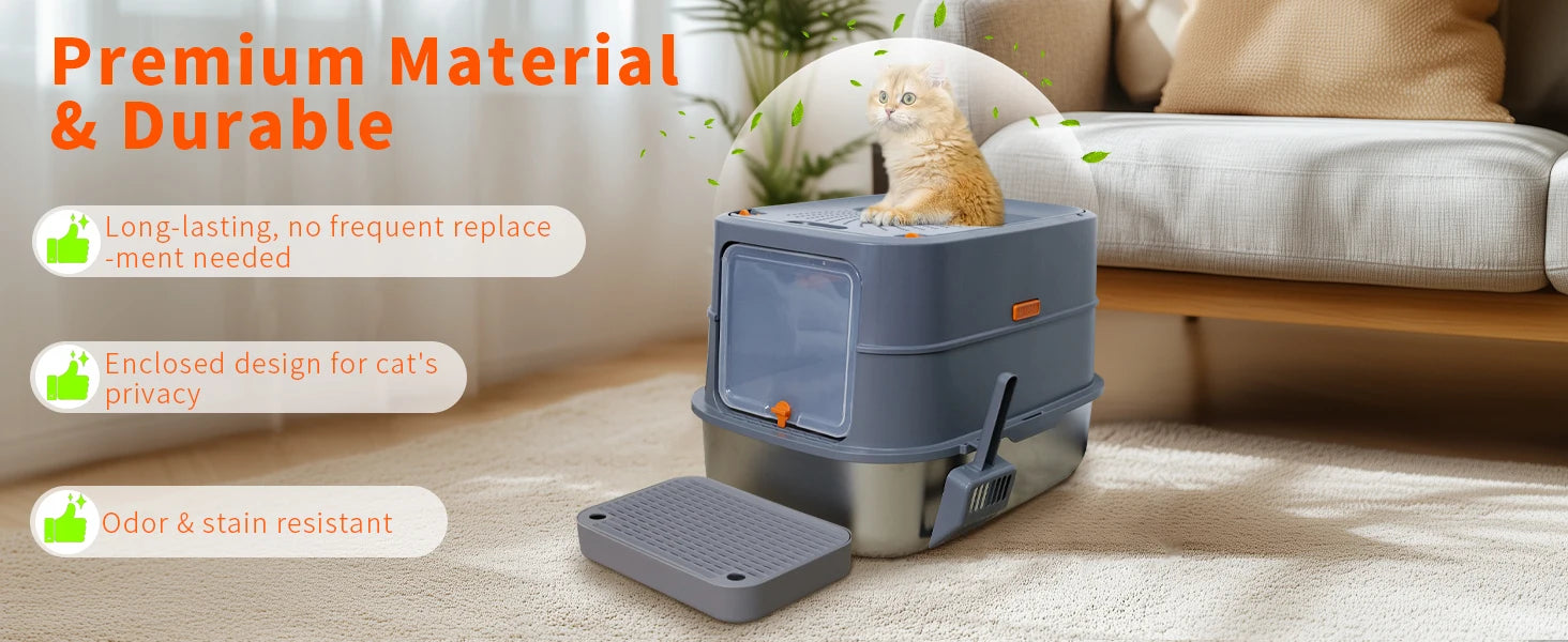 Extra Large Stainless Steel Cat Litter Box Full Enclosed Cat Litter Tray Pan High Sided Enclosure Removable Lid with Scoop