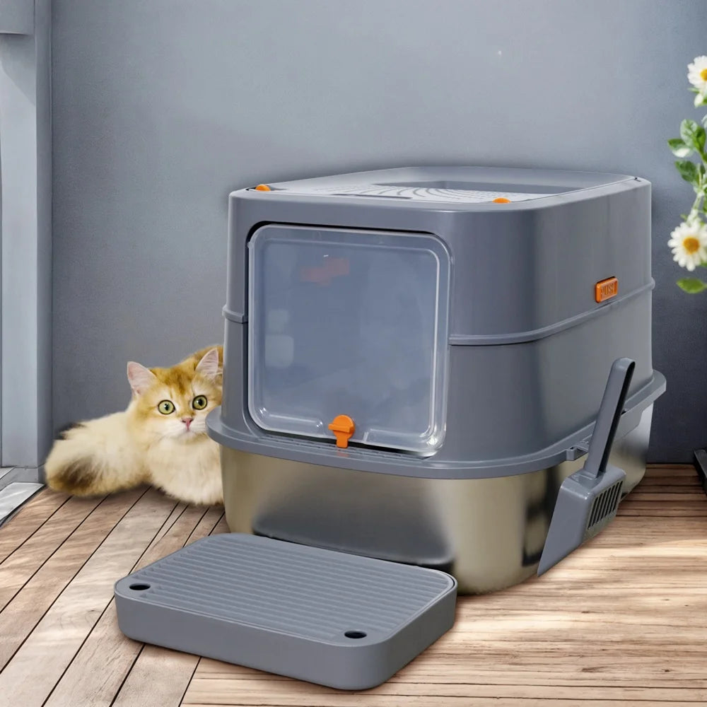 Extra Large Stainless Steel Cat Litter Box Full Enclosed Cat Litter Tray Pan High Sided Enclosure Removable Lid with Scoop