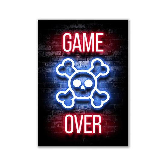 Motivational Neon Effect Game Slogan Pictures Flat Printed on Canvas Wall Posters and Paintings for Game Room Decor Gamers’ Gift