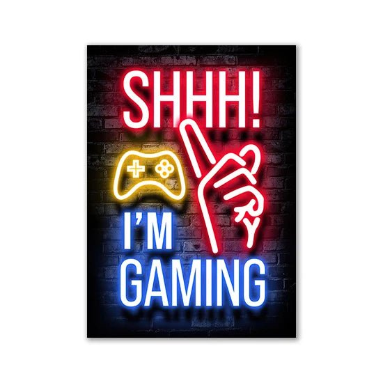 Motivational Neon Effect Game Slogan Pictures Flat Printed on Canvas Wall Posters and Paintings for Game Room Decor Gamers’ Gift