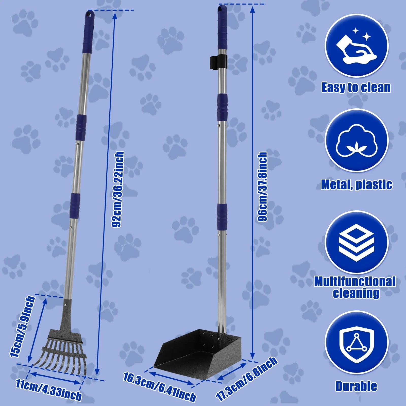 2/3Pcs Pet Pooper Scooper Set with Long Handle Multifunctional Metal Tray Rake Spade Dog Poop Picker For Pet Waste Removal