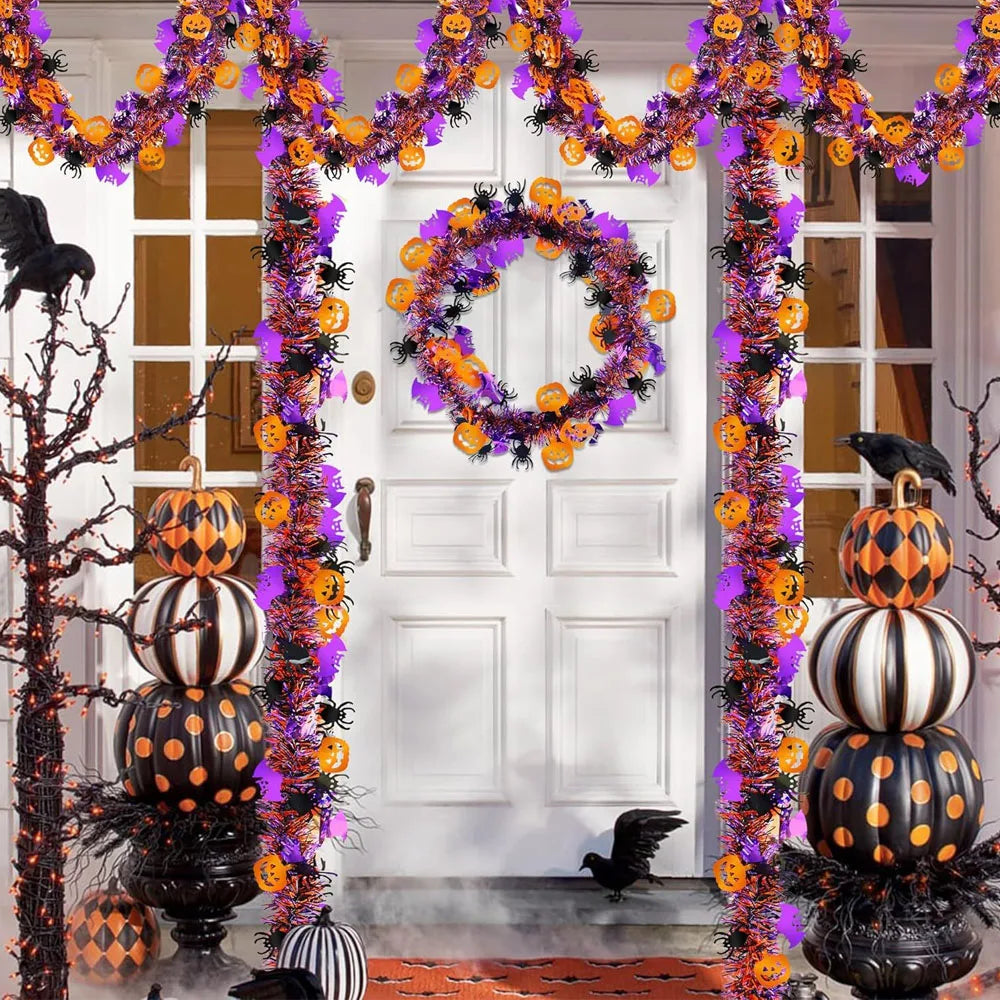2m Halloween Wreath Pendant  Bat Pumpkin Glitter Plastic Halloween Door Hanging for Home Garden Decoration Halloween Decoration
