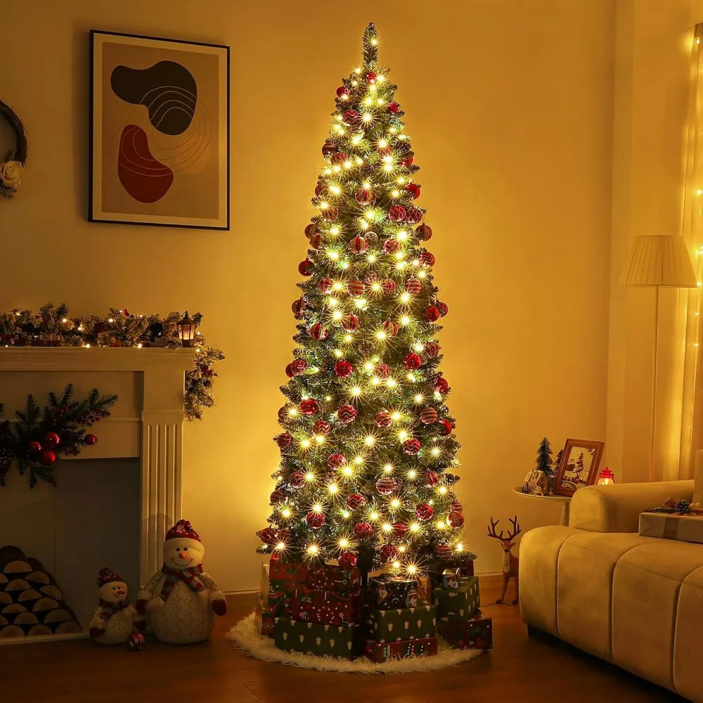 Homde Pencil Christmas Tree 5 Foot Pre-Lit Artificial Christmas Tree Flocked Snow Pine Cone 140 Warm White Light Holiday Decor