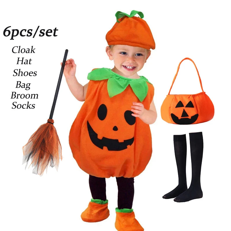 2025 Kids Halloween Party Costume Pumpkin Romper with Hat Shoes Toddler One-Piece Boy Girl Baby Jumpsuit Cosplay Clothing Set
