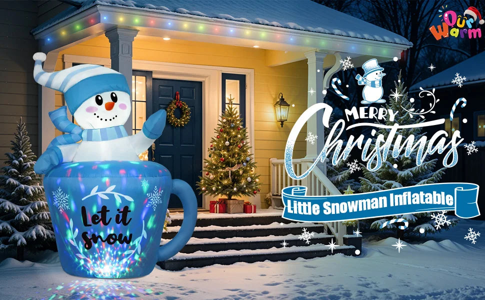 OurWarm 5FT Christmas Inflatable Snowman in Mug,Adorable Blue Snowman Blow Up Awaiting the Snow,for Yard Lawn Winter Inflatables