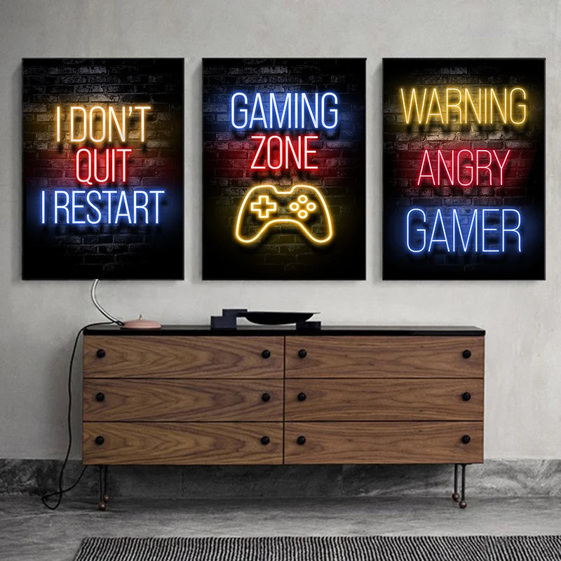 Motivational Neon Effect Game Slogan Pictures Flat Printed on Canvas Wall Posters and Paintings for Game Room Decor Gamers’ Gift