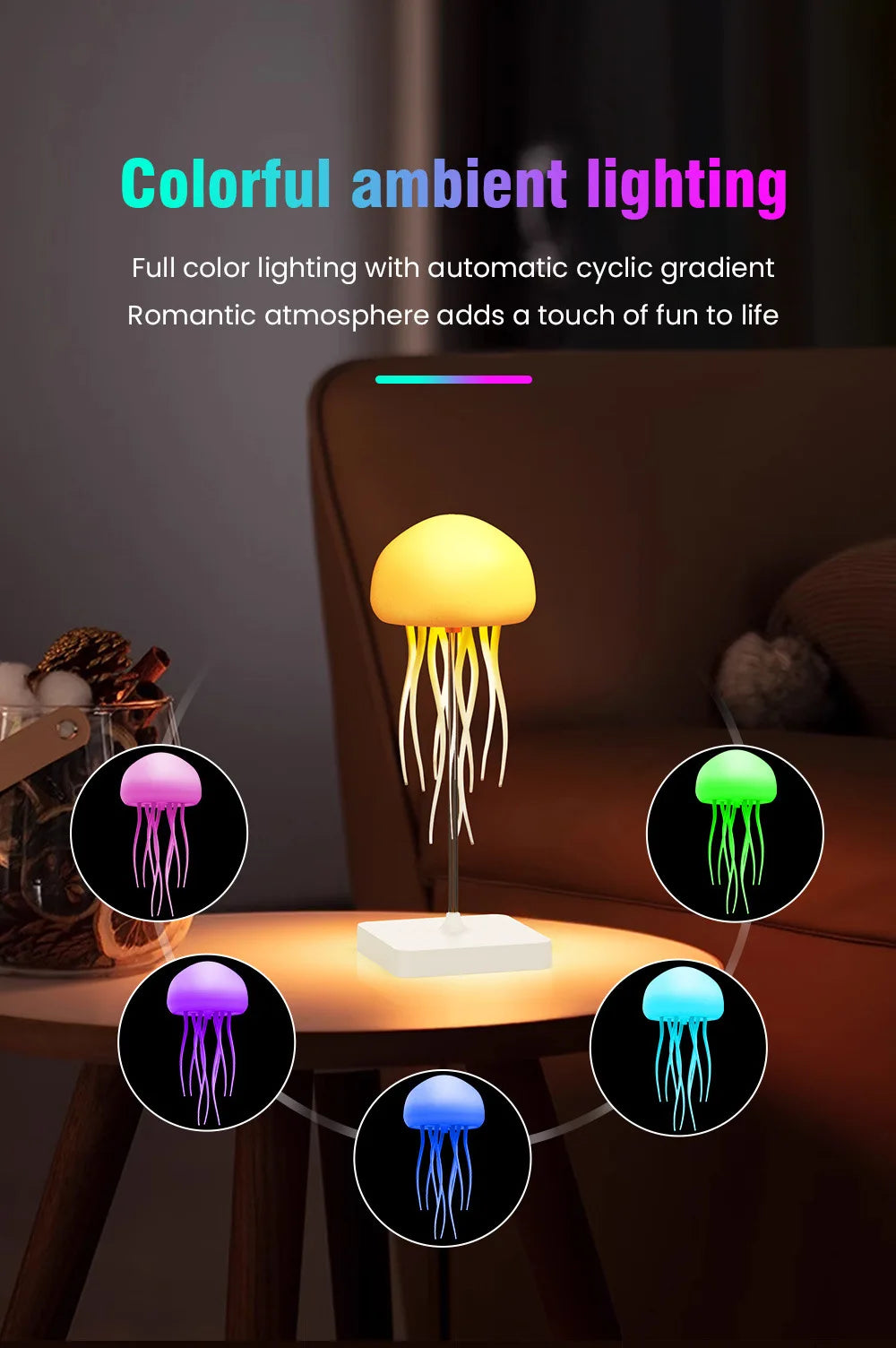Jellyfish Cartoon LED Nihgt Light Voice Control Gradient Cute Rotating Jellyfish Hanging Bedside Lamp RGB Table Lamps Room Decor