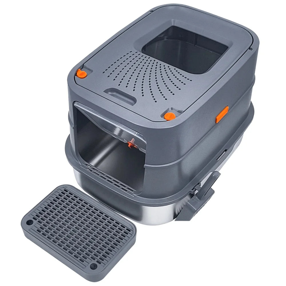 Extra Large Stainless Steel Cat Litter Box Full Enclosed Cat Litter Tray Pan High Sided Enclosure Removable Lid with Scoop