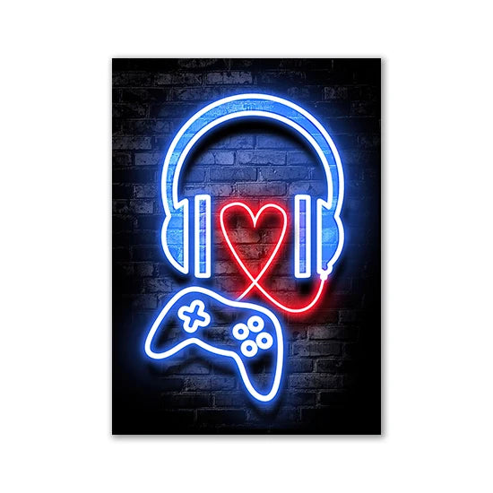 Motivational Neon Effect Game Slogan Pictures Flat Printed on Canvas Wall Posters and Paintings for Game Room Decor Gamers’ Gift
