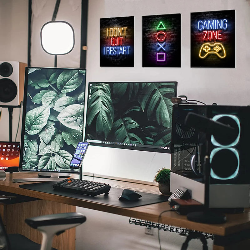 Motivational Neon Effect Game Slogan Pictures Flat Printed on Canvas Wall Posters and Paintings for Game Room Decor Gamers’ Gift