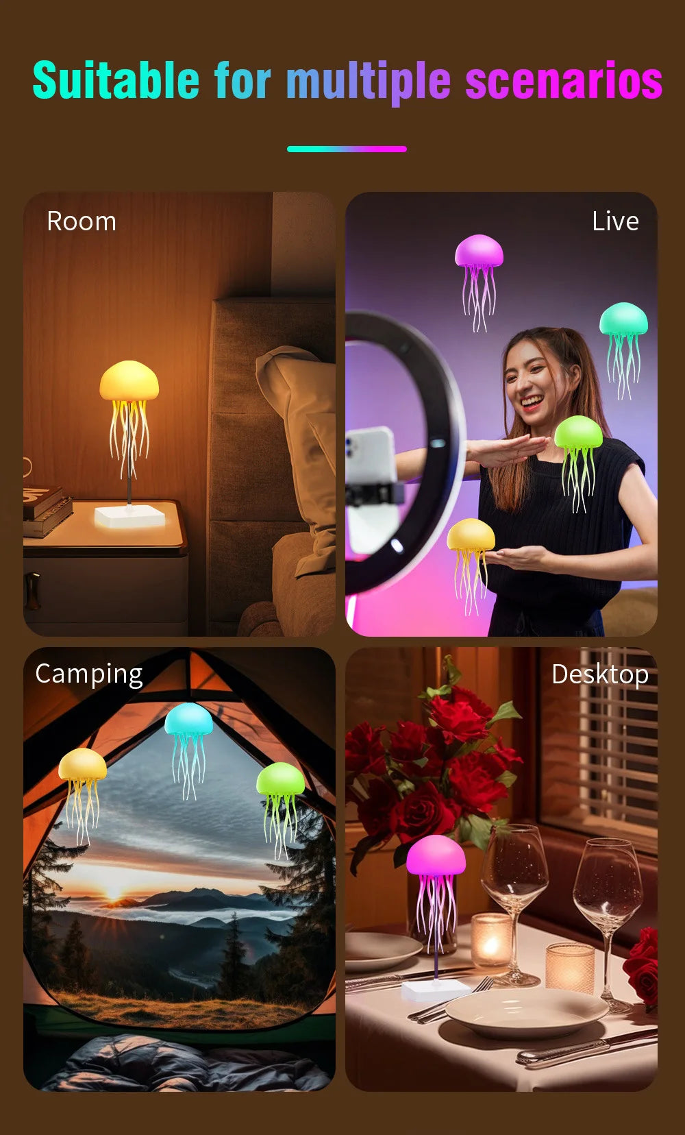 Jellyfish Cartoon LED Nihgt Light Voice Control Gradient Cute Rotating Jellyfish Hanging Bedside Lamp RGB Table Lamps Room Decor
