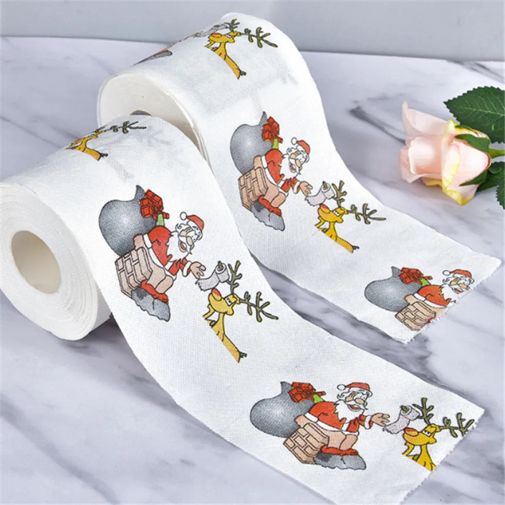 Christmas Toilet Paper Festival Theme Printed Wood Pulp Toilet Paper Festive Gifts Roll Santa Claus Reindeer Decor Supplies