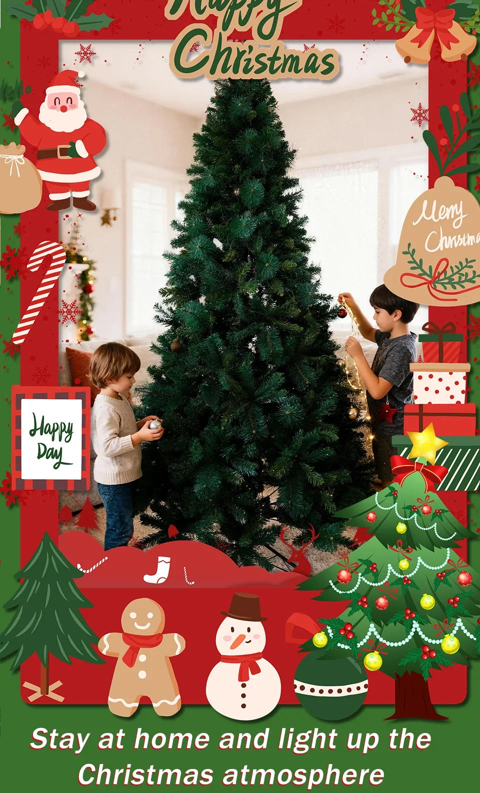 Pre-Lit Pop Up Christmas Tree 180cm 210cm 240cm, Easy Setup Artificial PVC Pine Needle Xmas Tree with Iron Base for Home Decor