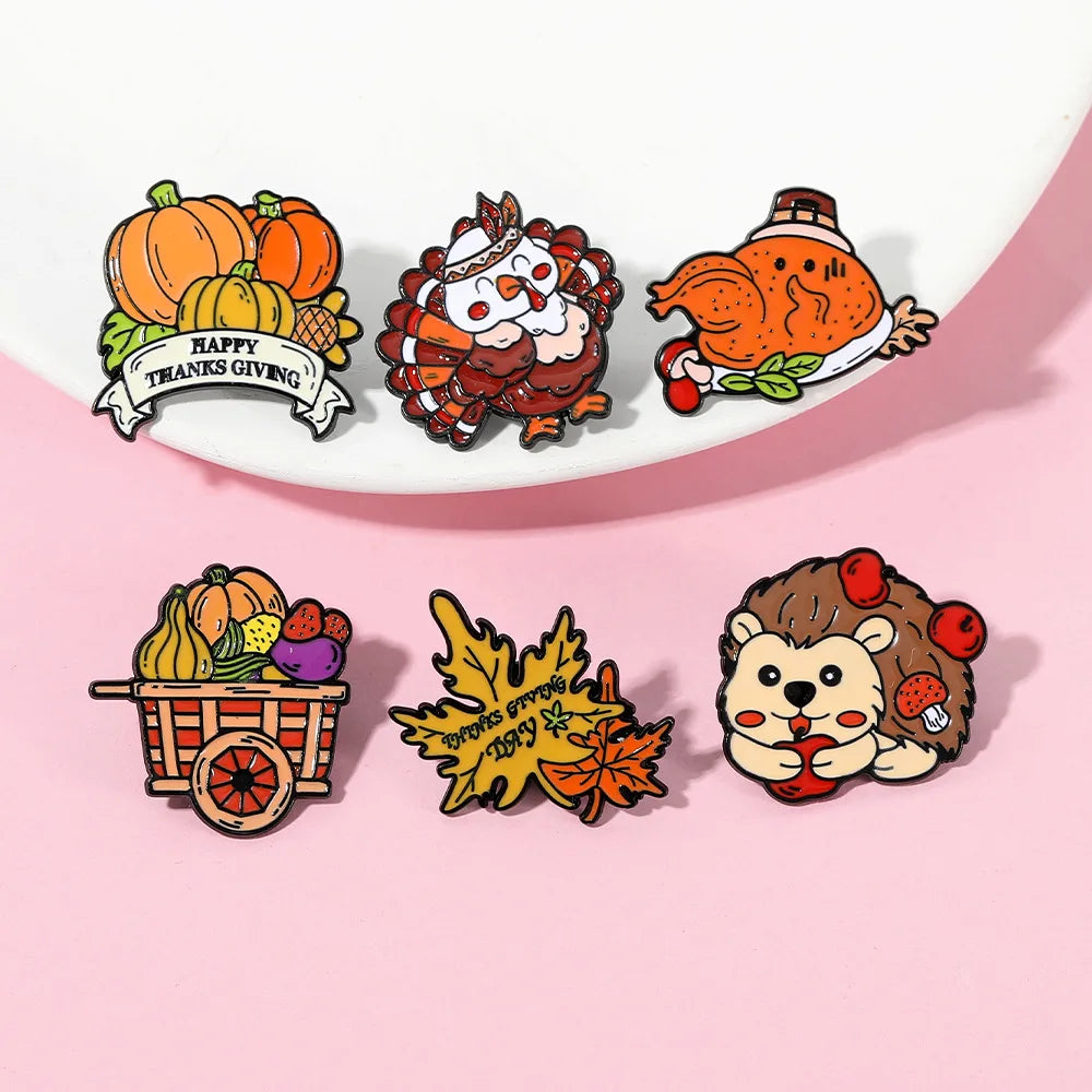 Cute Cartoon Thanksgiving Enamel Brooch Creative Animal Hedgehog Pumpkin Turkey Lapel Pin Badge Backpack Clothing Accessories