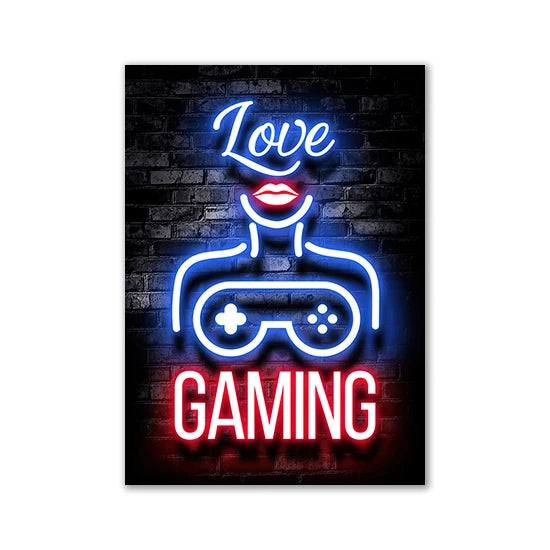 Motivational Neon Effect Game Slogan Pictures Flat Printed on Canvas Wall Posters and Paintings for Game Room Decor Gamers’ Gift