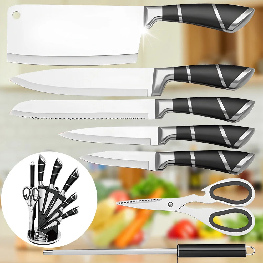 MDHAND  Stainless Steel Kitchen Knife Set Sharp Non-Stick Coated Chef Knives with Sharpener for Cutting Slicing Dicing Chopping