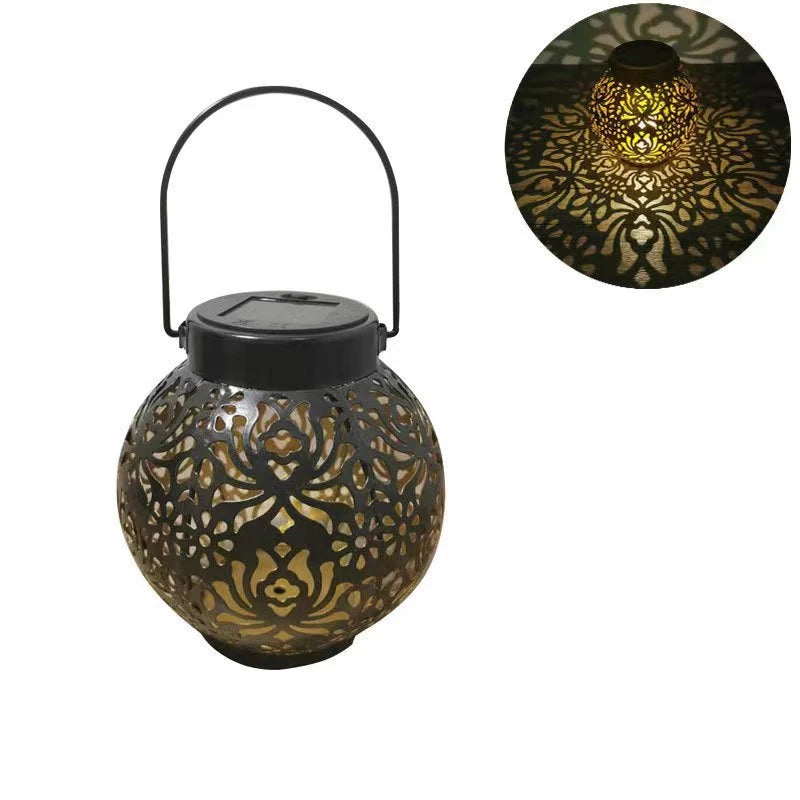 Retro solar LED hollow waterproof wrought iron chandelier is suitable for outdoor garden terrace landscape light decoration