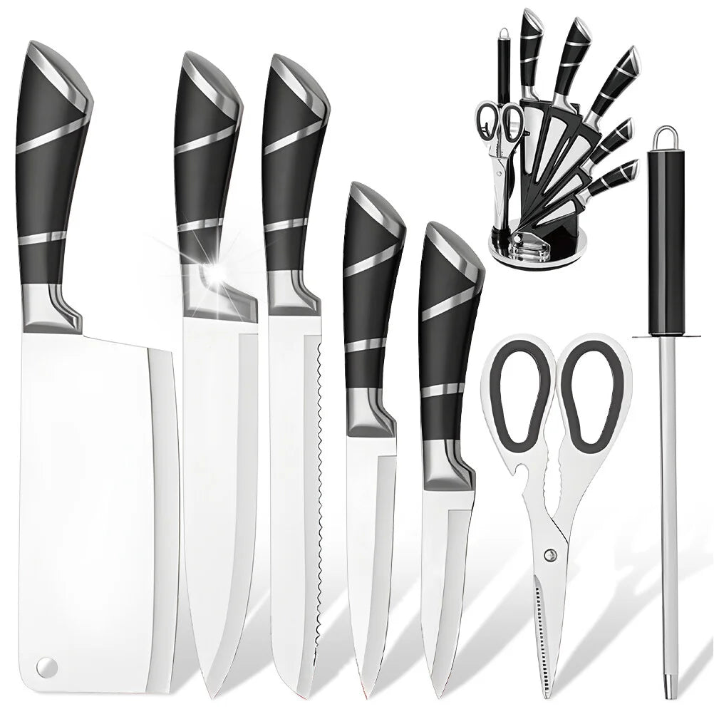 MDHAND  Stainless Steel Kitchen Knife Set Sharp Non-Stick Coated Chef Knives with Sharpener for Cutting Slicing Dicing Chopping