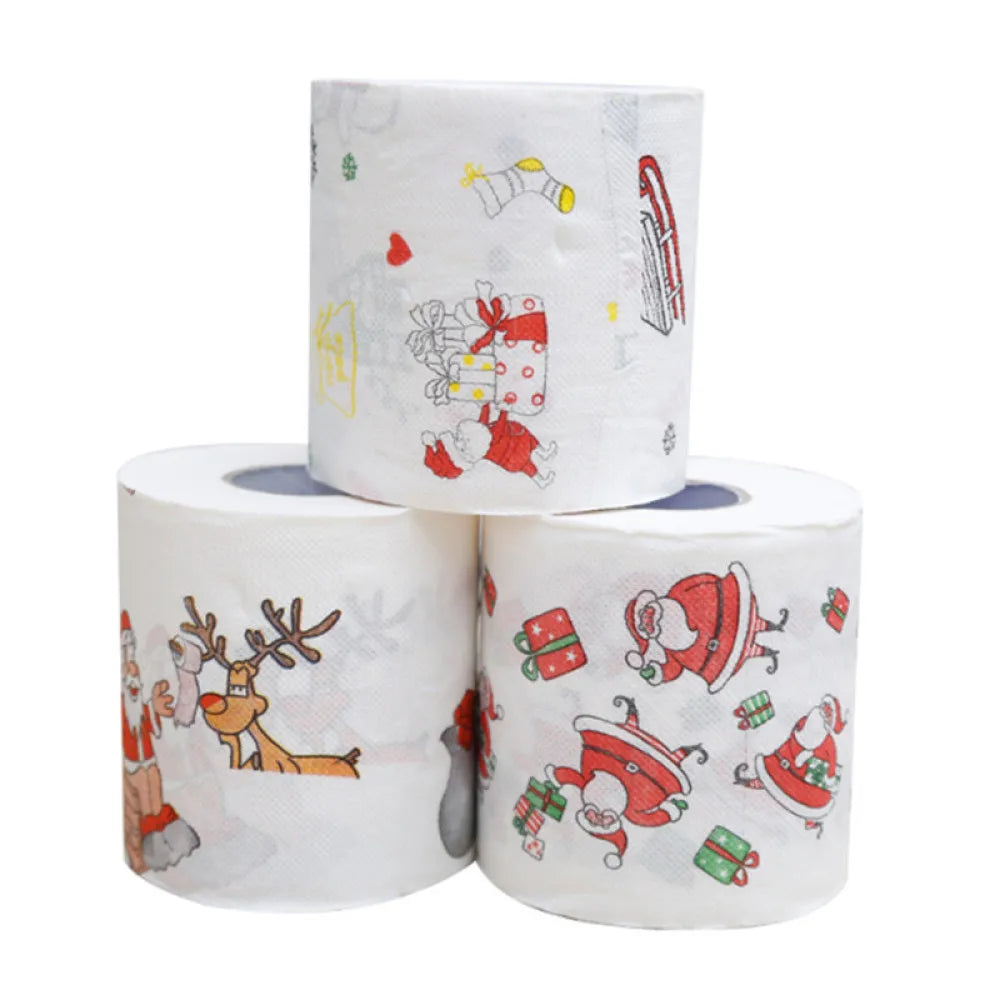 Christmas Toilet Paper Festival Theme Printed Wood Pulp Toilet Paper Festive Gifts Roll Santa Claus Reindeer Decor Supplies