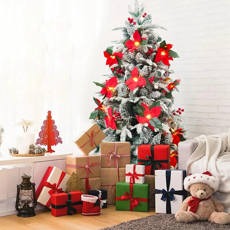 2M10LED Christmas Garland Lighting Strings Artificial Red Flowers Holly Leaves  for Home 2024 Xmas Ornament New Year Gifts 2025