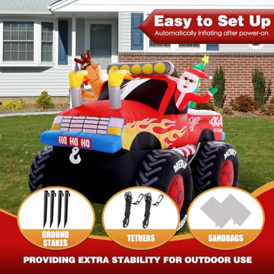 8 FT Long Santa in Monster Truck Christmas Inflatables Outdoor Decorations Christmas Blow Up Santa Claus Yard Decorations for G