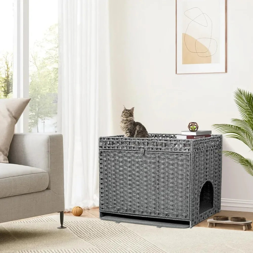 Hidden Litter Box Furniture for Large Cats: Handwoven Rattan Pet House with Door