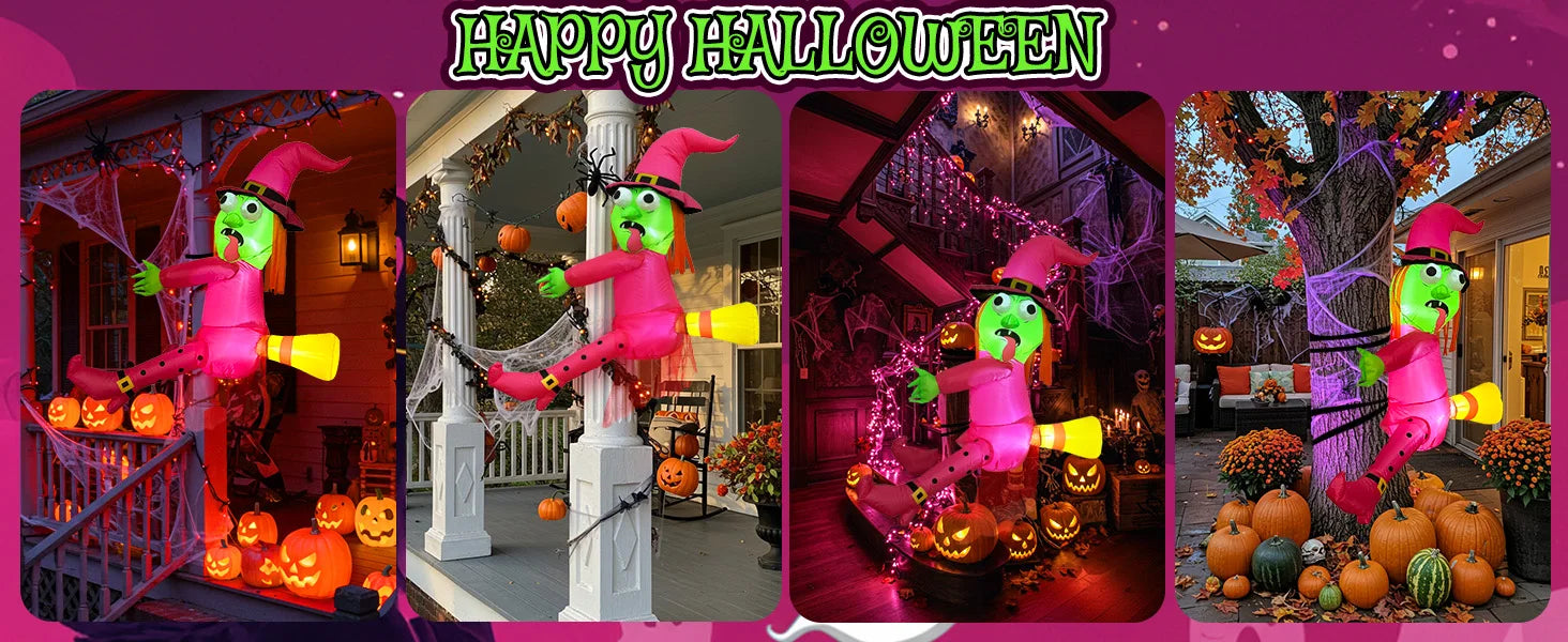 OurWarm Pink 4FT Halloween Inflatables Witch Outdoor Decor, Funny Blow Ups Witch Crashing into Tree,for Tree, Yard, Door, Window