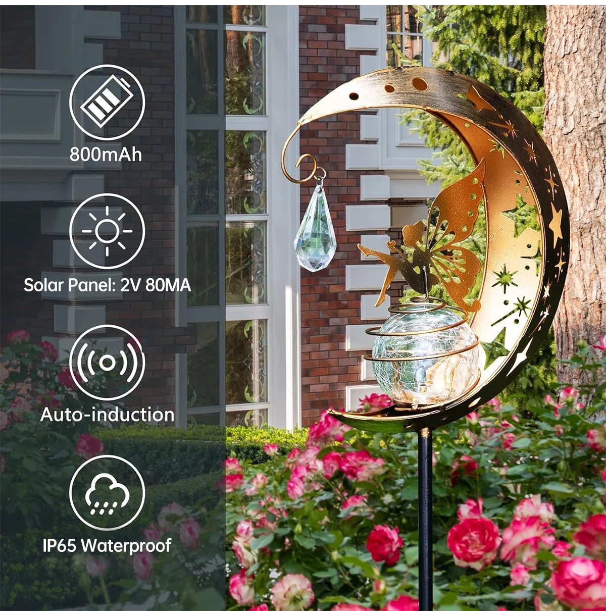 Solar Decroation Light Moon Fairy Lamp Outdoor Garden Crackle Glass Globe with Angel Pathway Stake Light Solar Grdound Light
