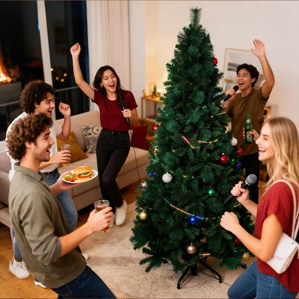 Pre-Lit Pop Up Christmas Tree 180cm 210cm 240cm, Easy Setup Artificial PVC Pine Needle Xmas Tree with Iron Base for Home Decor