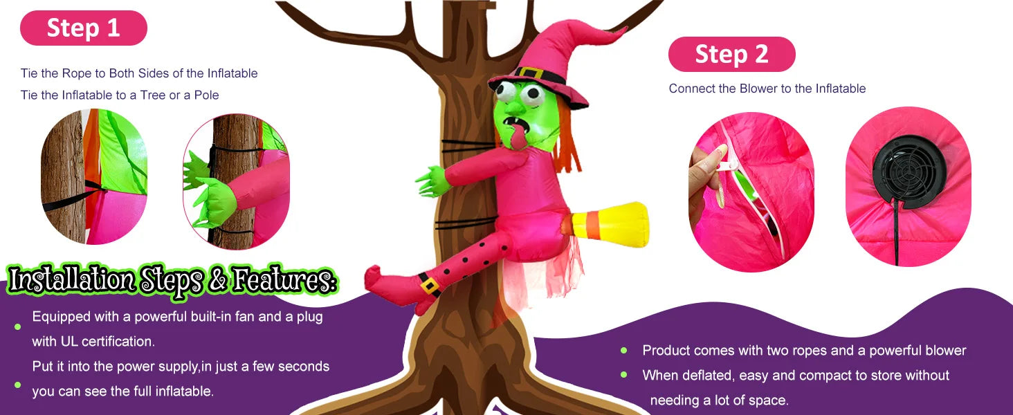OurWarm Pink 4FT Halloween Inflatables Witch Outdoor Decor, Funny Blow Ups Witch Crashing into Tree,for Tree, Yard, Door, Window