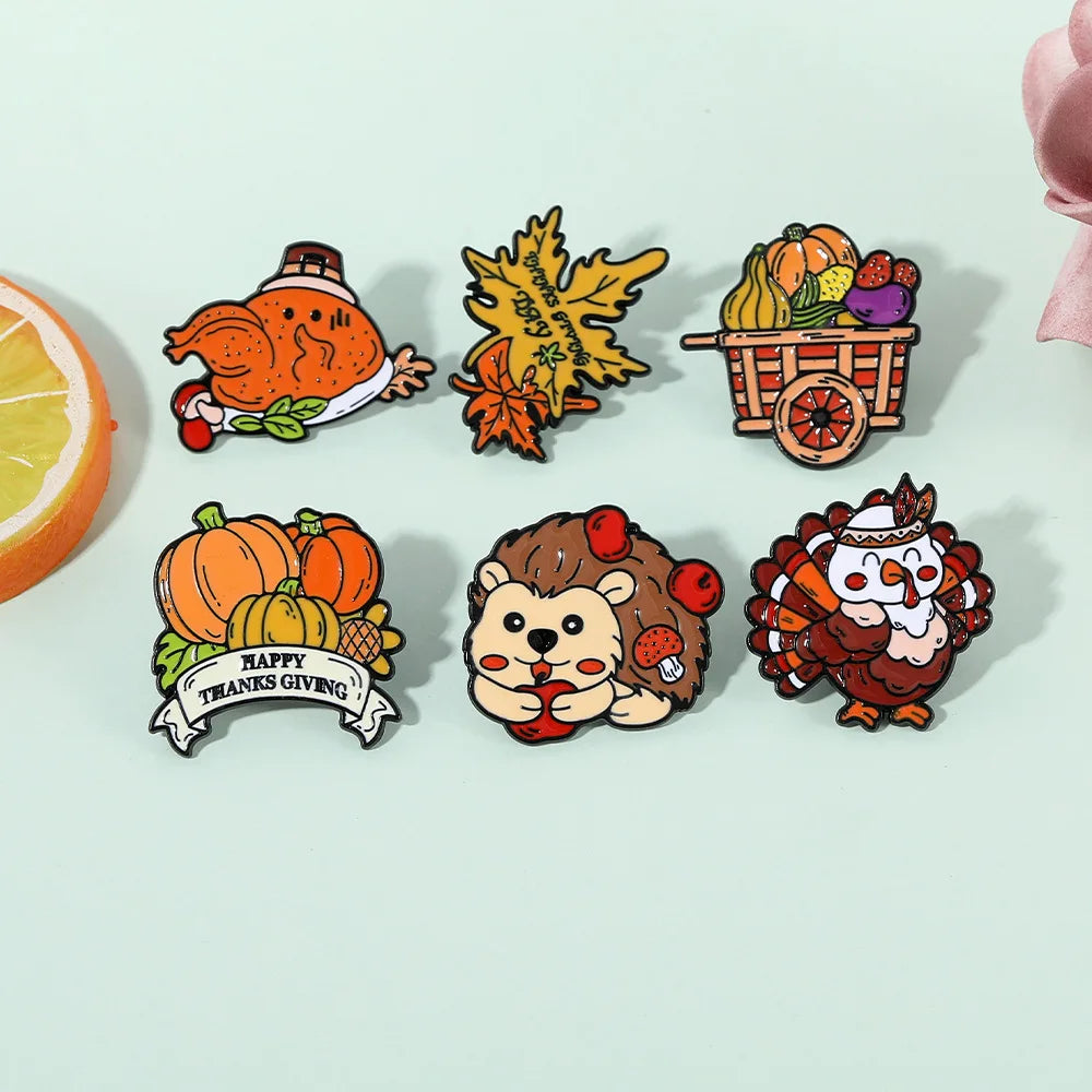 Cute Cartoon Thanksgiving Enamel Brooch Creative Animal Hedgehog Pumpkin Turkey Lapel Pin Badge Backpack Clothing Accessories