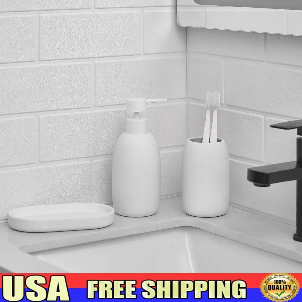 Ceramic Stoneware 3-Piece Bath Accessories Set Soap Pump Dispenser Tumbler Accessory Tray Modern Bathroom Organizer