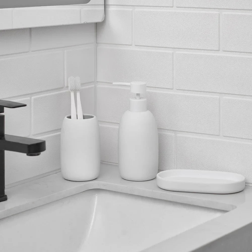Ceramic Stoneware 3-Piece Bath Accessories Set Soap Pump Dispenser Tumbler Accessory Tray Modern Bathroom Organizer