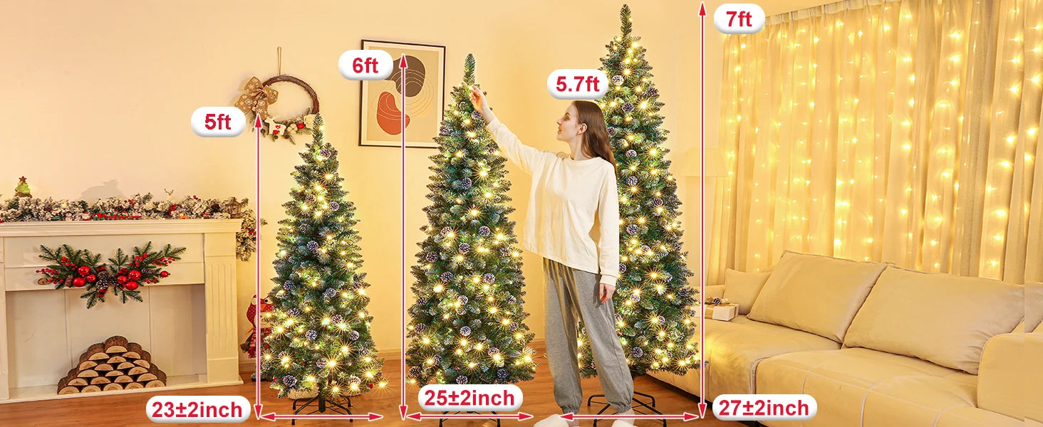 Homde Pencil Christmas Tree 5 Foot Pre-Lit Artificial Christmas Tree Flocked Snow Pine Cone 140 Warm White Light Holiday Decor