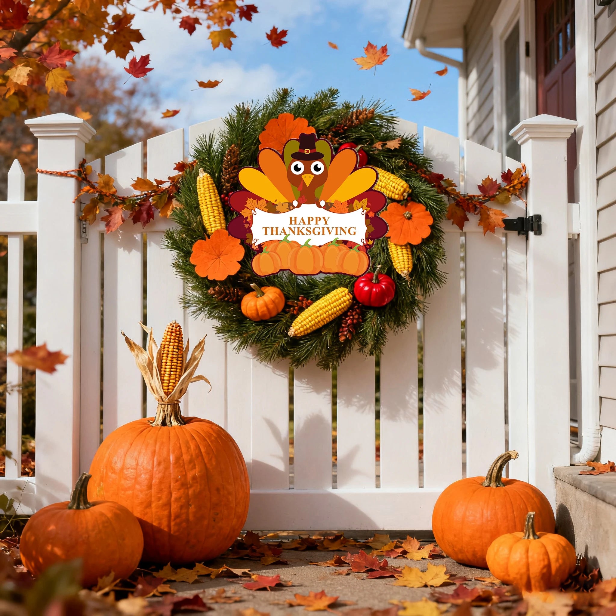 Thanksgiving themed wooden hanging sign decoration with cute turkey, pumpkin , Happy Thanksgiving message wood board sign