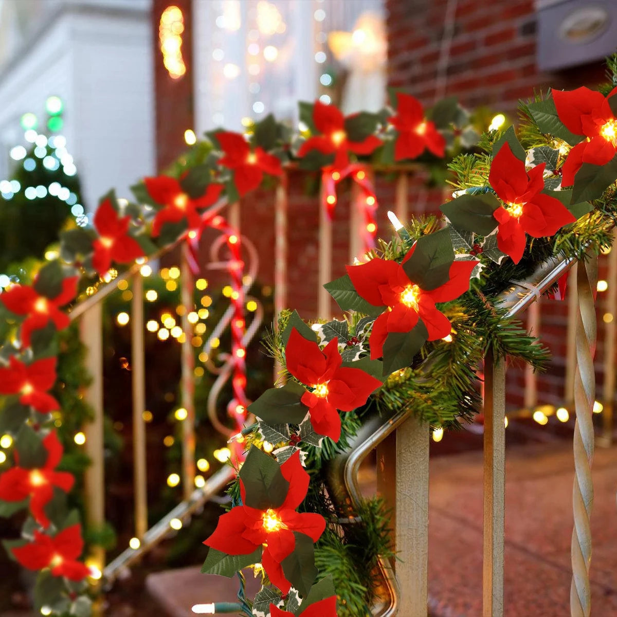 2M10LED Christmas Garland Lighting Strings Artificial Red Flowers Holly Leaves  for Home 2024 Xmas Ornament New Year Gifts 2025